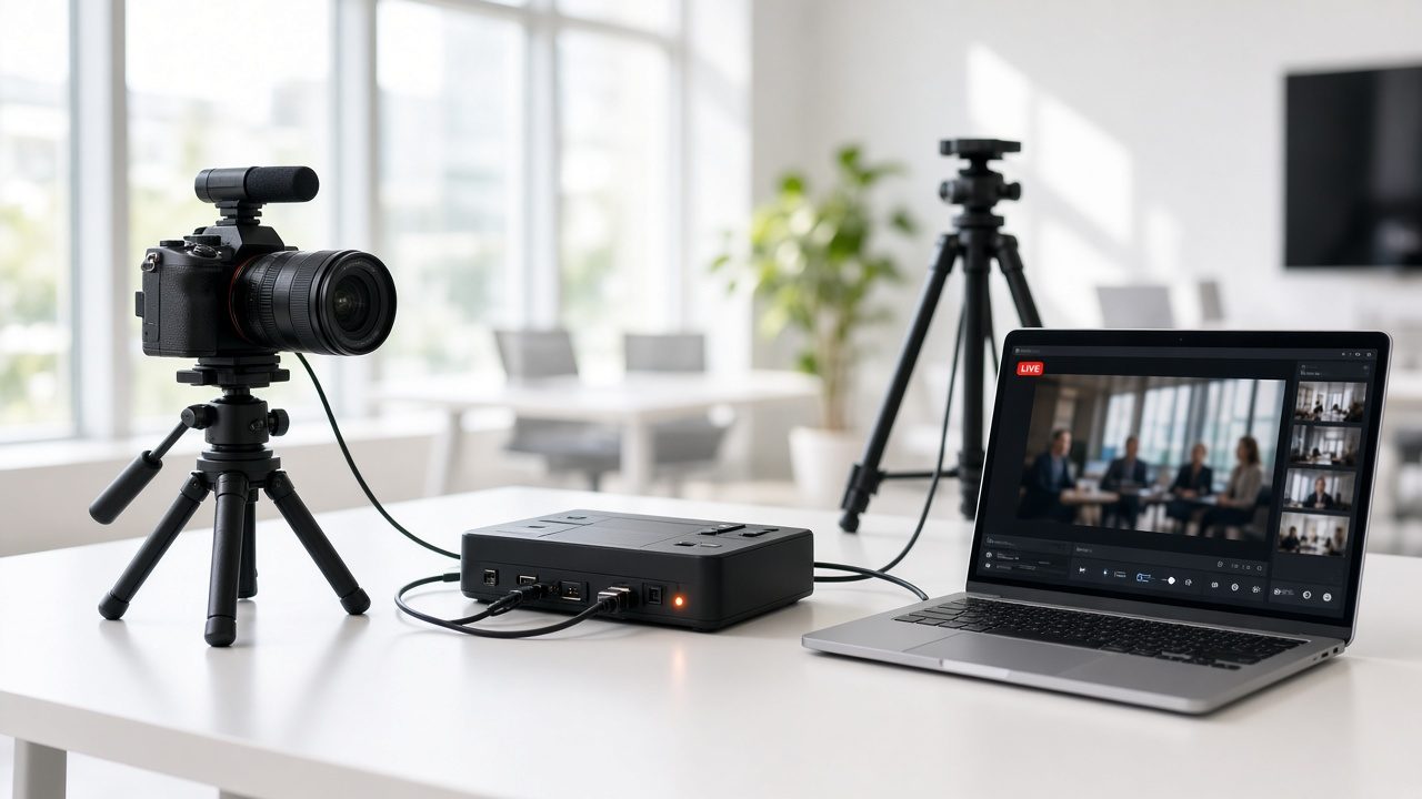 Camera, encoder box and laptop showing a live stream preview