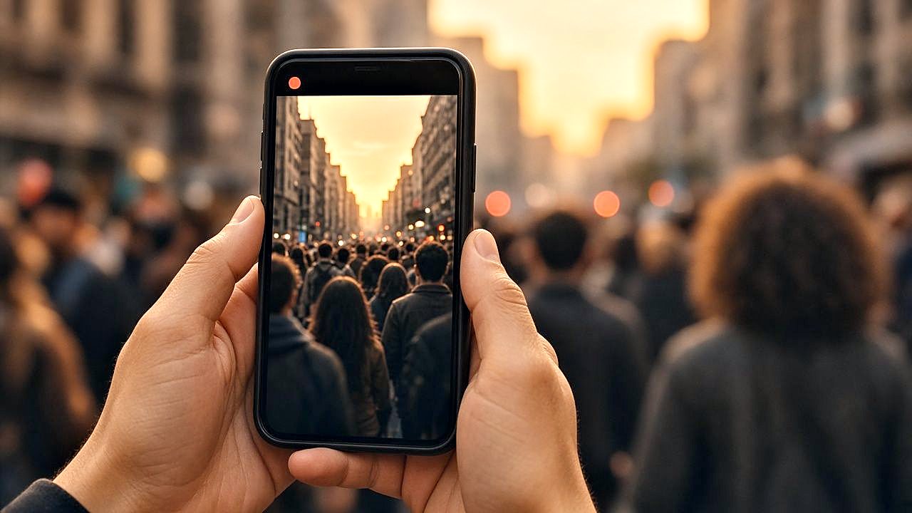 Commuter watching a live video on a smartphone on a station platform