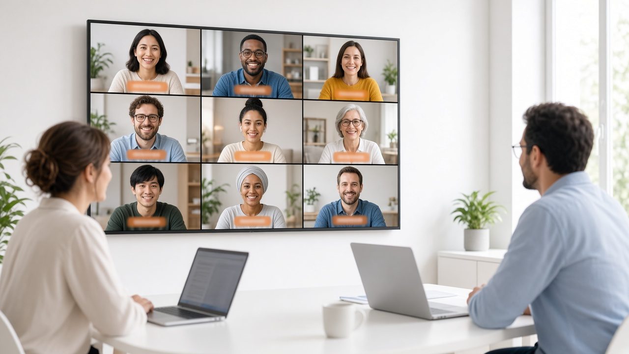 Wall screen showing a video call of diverse participants with translated captions