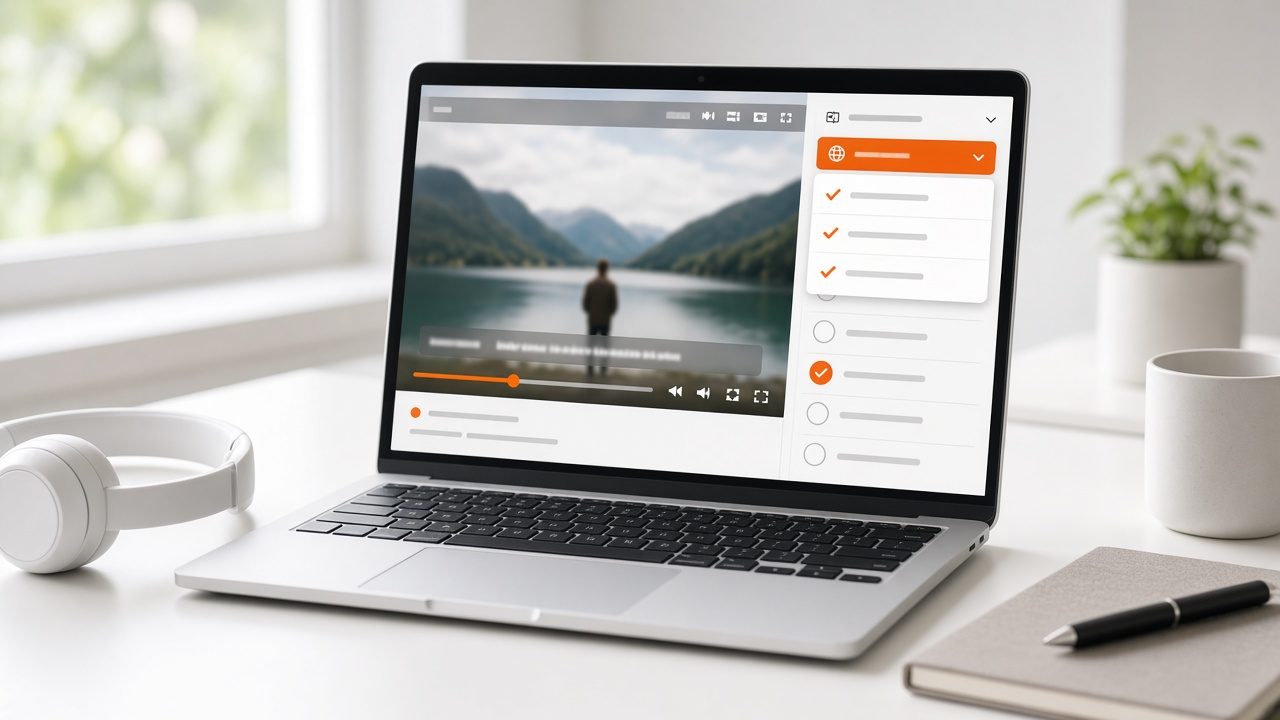 Laptop with a course video, subtitles and a language menu open