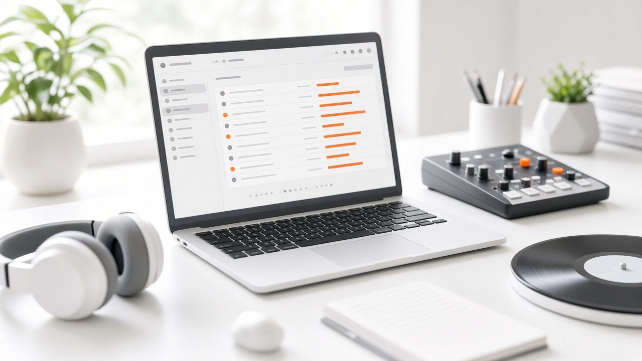Laptop with a play log, headphones, a small mixer and a record on a white desk