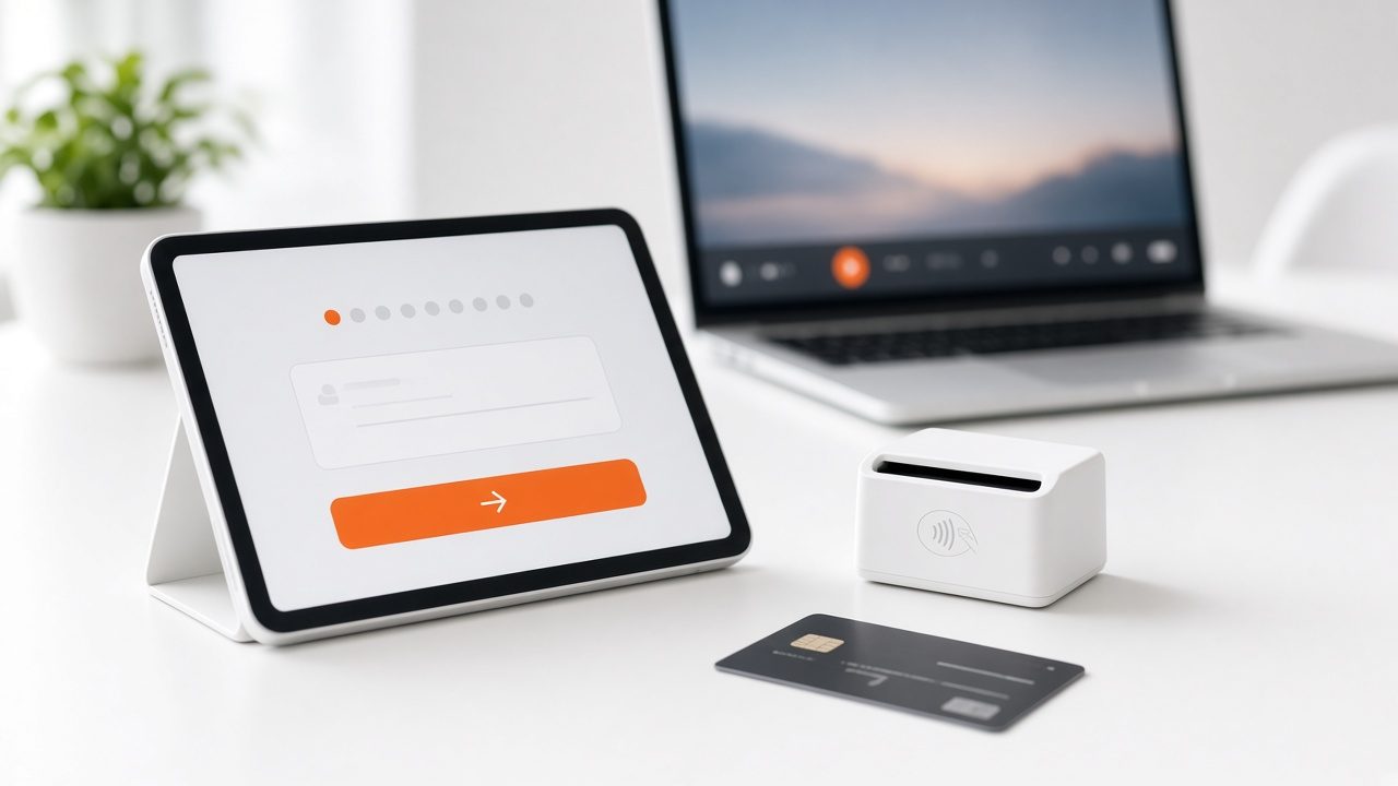 Tablet checkout screen with an orange pay button beside a card reader