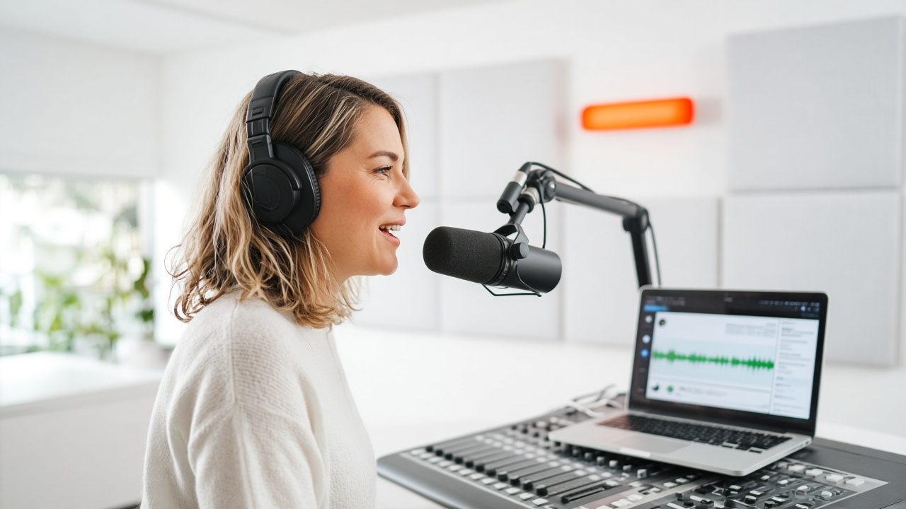 Radio host with headphones at a microphone beside a mixer and a laptop with a stream dashboard
