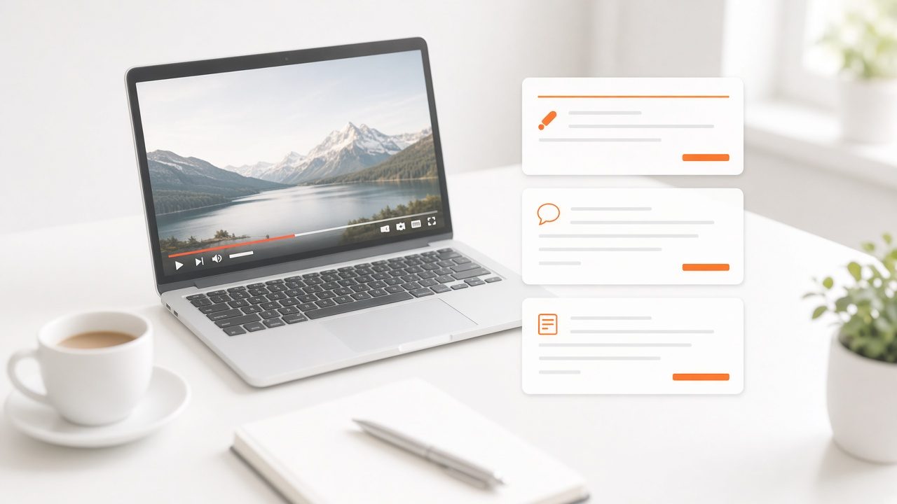 Laptop with a video beside generated summary and discussion cards