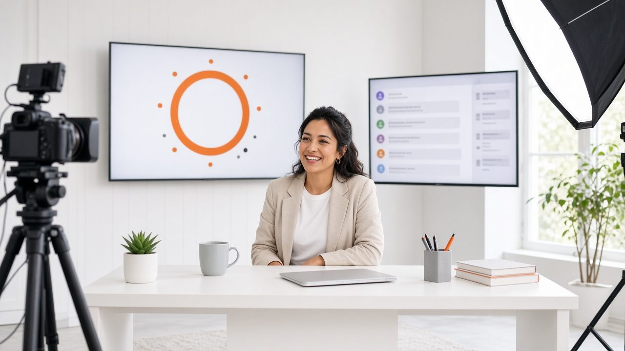 Host at a studio desk with a premiere countdown on a wall screen and a chat panel