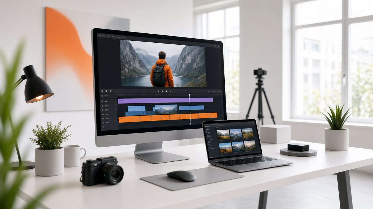 Video editing screen with orange clip markers on a timeline beside a laptop and camera