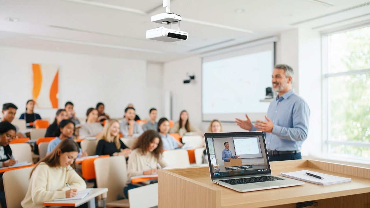 Lecture hall with students, a professor and a ceiling lecture-capture camera