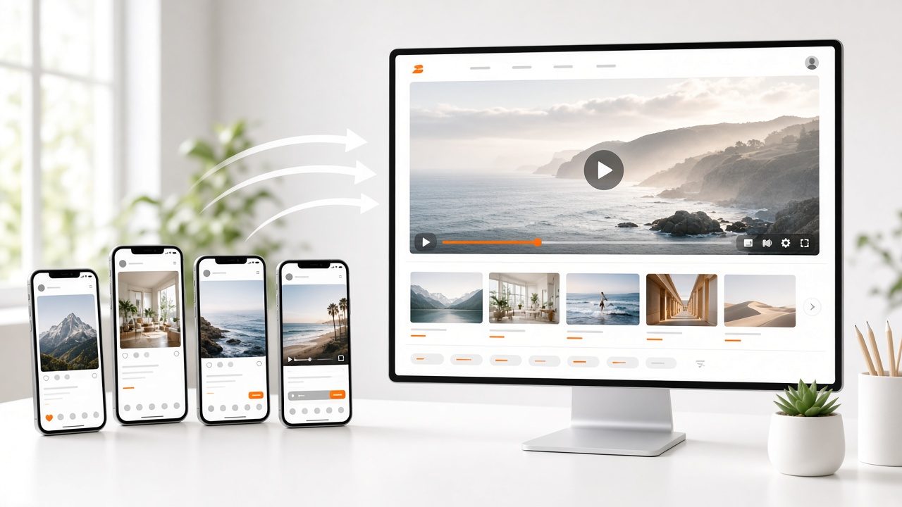 Phone screens with arrows flowing into one video website on a monitor