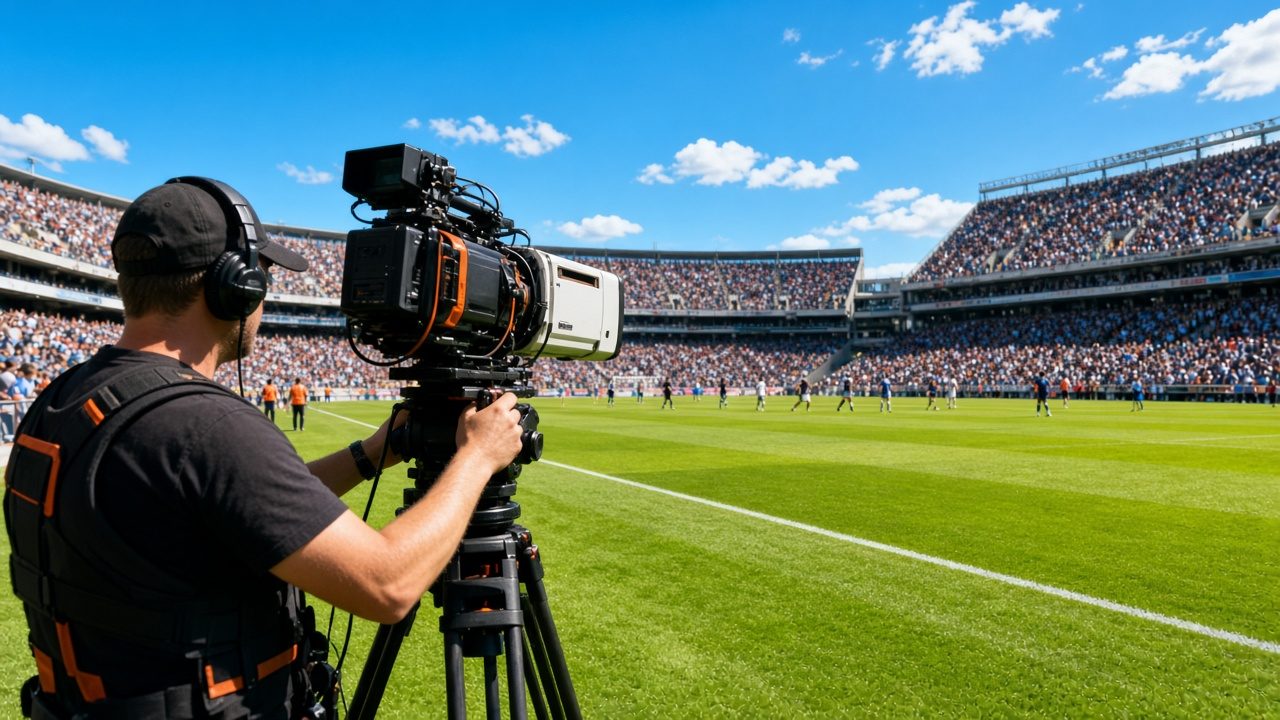 Camera operator on the sideline of a sunlit stadium