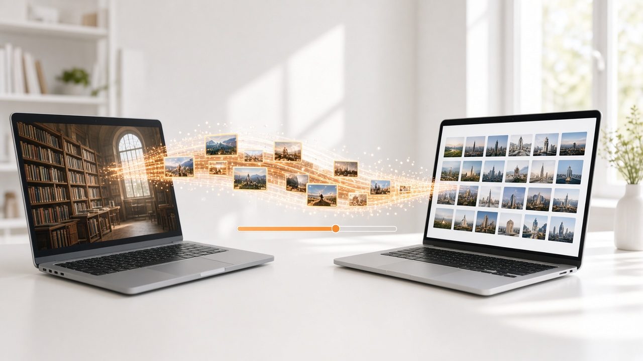 Two laptops with video thumbnails flowing from an old library to a new one
