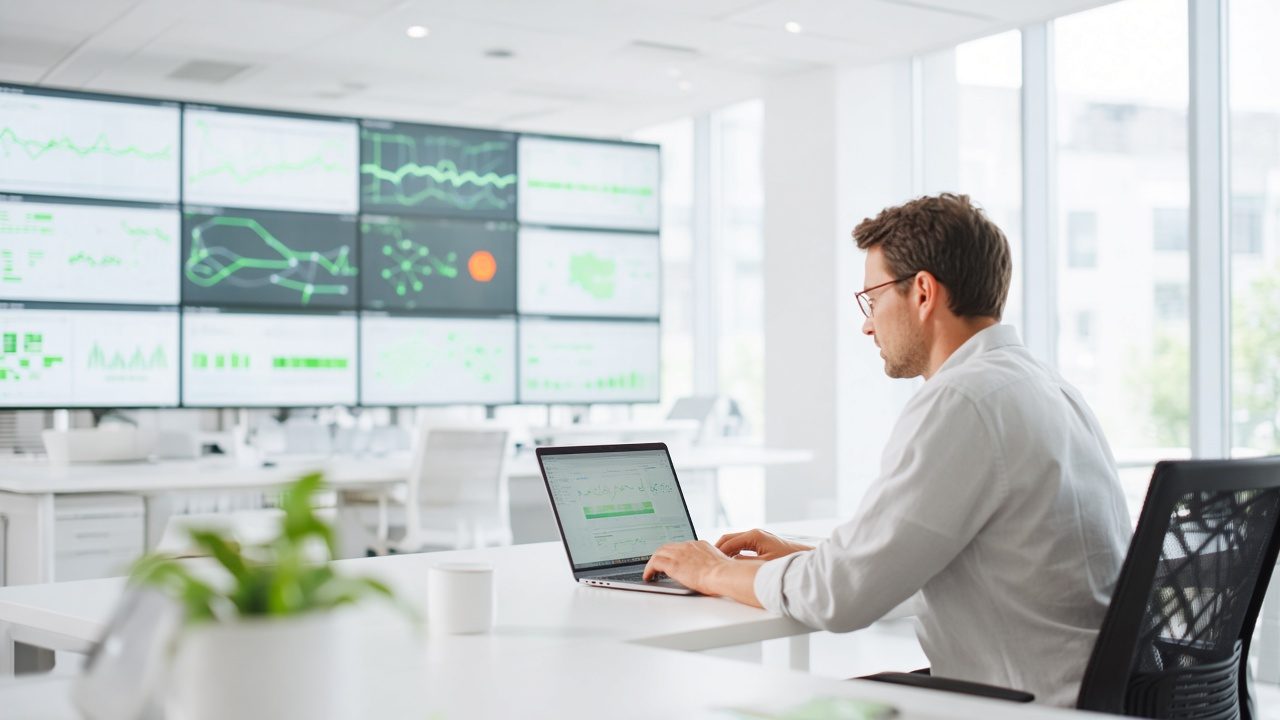 Engineer at a laptop in front of a wall of monitoring graphs with one alert marker