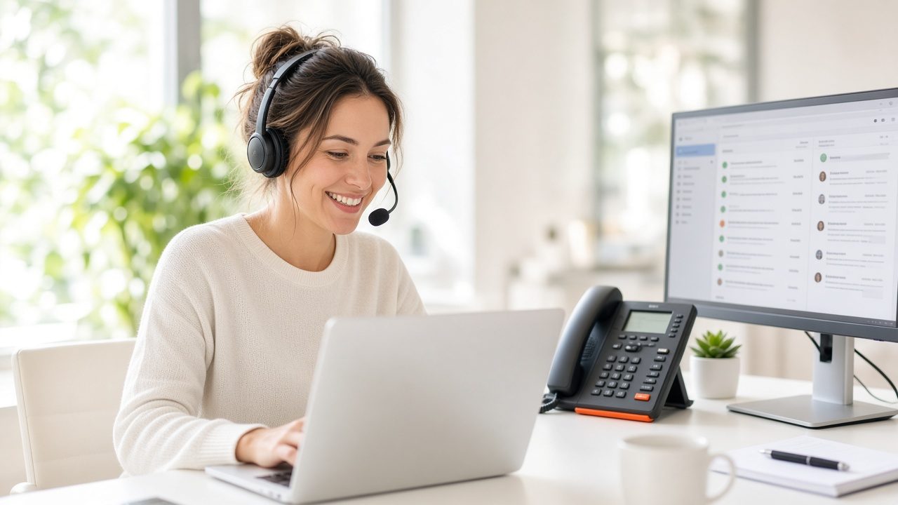 Support specialist with a headset at a laptop in a sunlit office