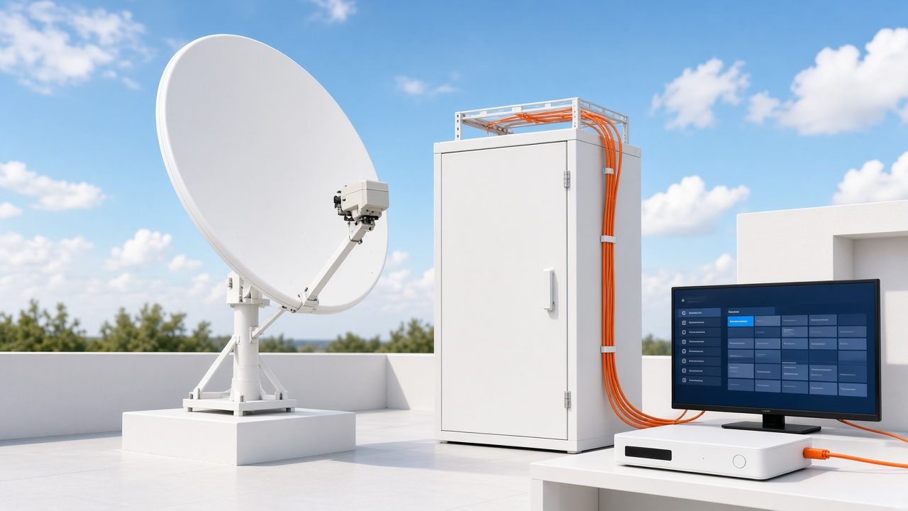 White satellite dish and equipment cabinet on a rooftop beside a set-top box and TV