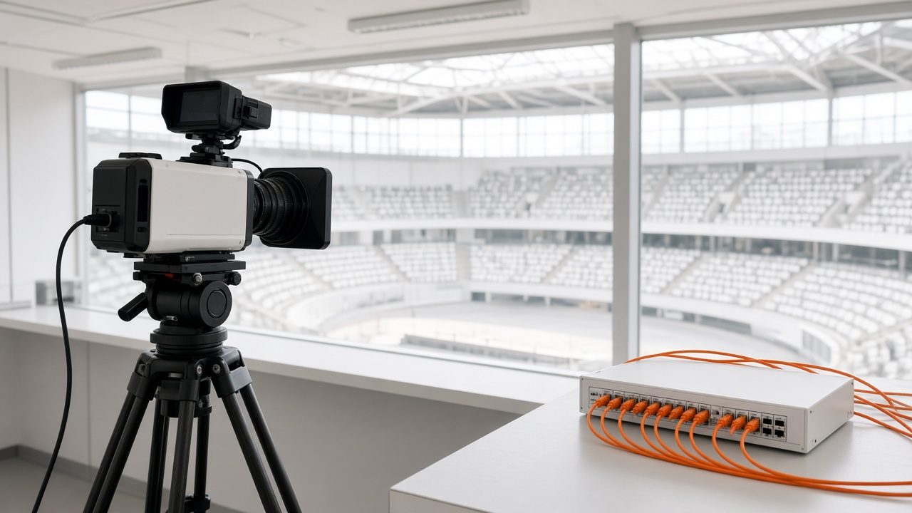 Camera on a tripod in an arena press box beside a network switch with orange cables