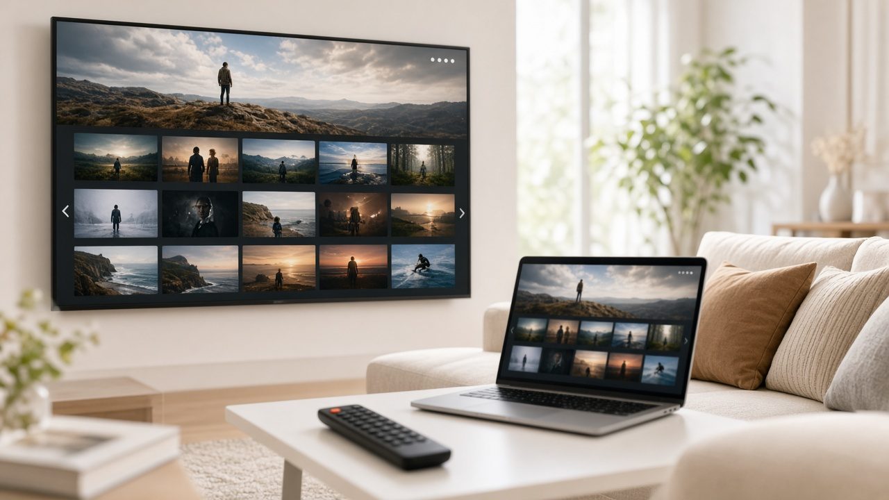 Large display and laptop showing a video on demand catalog