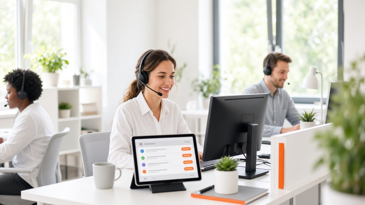 Support agents with headsets at bright desks with a ticket queue on a tablet