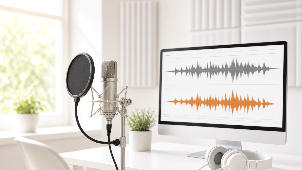 Studio microphone and a monitor comparing two audio waveforms