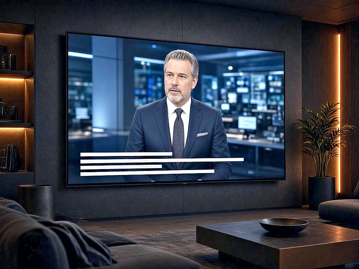 Television screen with presenter and live caption lines