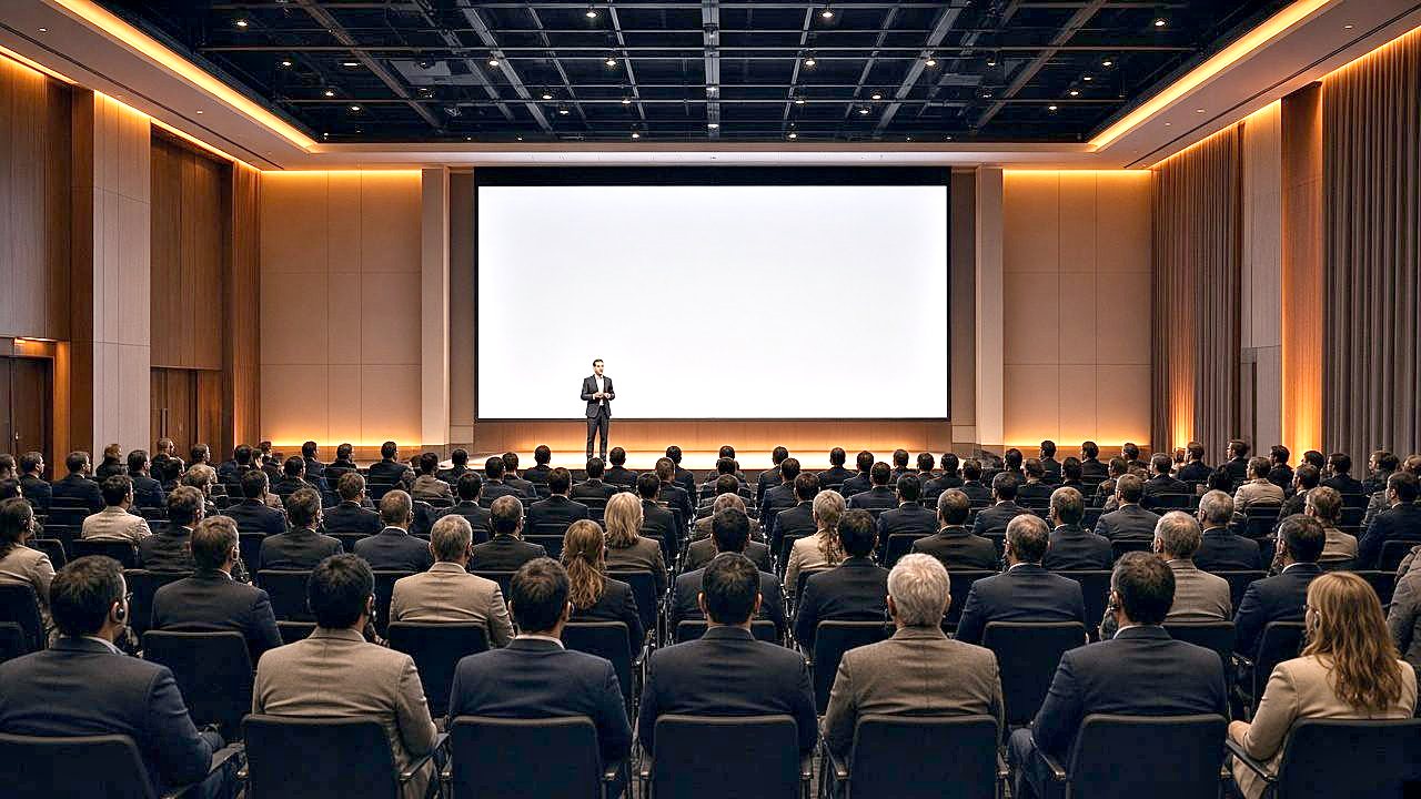 Speaker on stage in front of a large seated conference audience