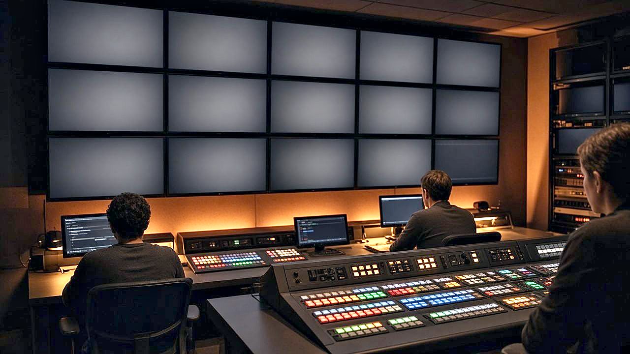 Broadcast control room with monitor wall and production console