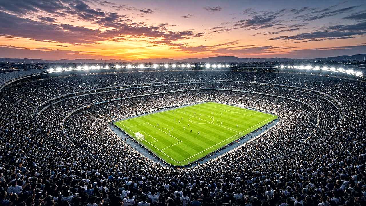 Packed stadium at dusk under floodlights