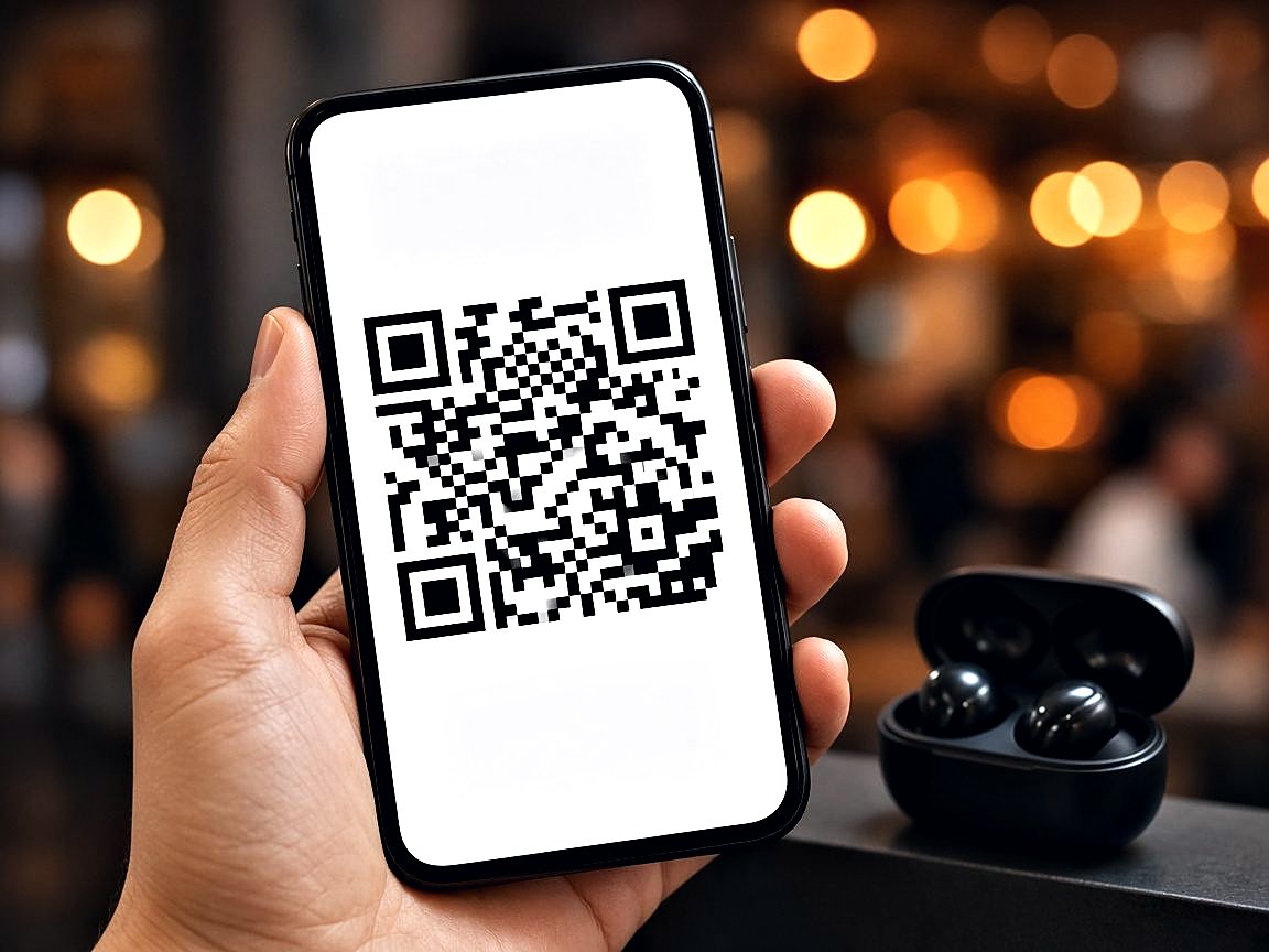 Smartphone showing a QR code beside wireless earbuds