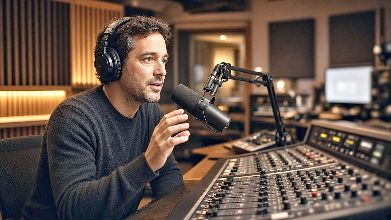 Radio host with headphones at a microphone and mixing console